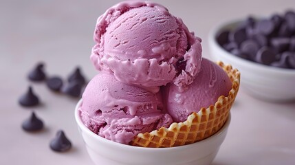   Two scoops of ice cream in a bowl with chocolate chips next to it, and an ice cream bowl visible behind it