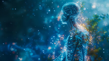 Featuring a transparent human figure with glowing magnesium molecules actively supporting and strengthening the bone framework