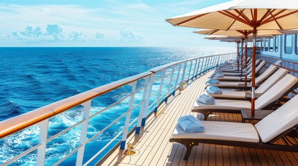 Close-up of a modern cruise ship deck with sun loungers and umbrellas, inviting passengers to relax and enjoy panoramic views of the ocean.