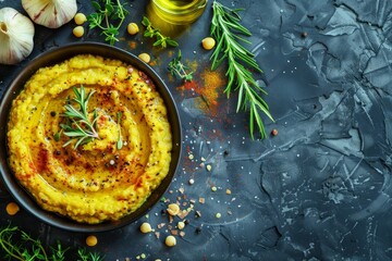 Top view of turmeric split pea mash with herbs and olive oil Flat lay with empty space