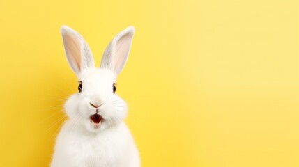 Fototapeta premium cute animal pet rabbit or bunny white color smiling and laughing isolated with copy space for easter background, rabbit, animal, pet, cute, fur, ear, mammal, background, celebration