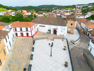 Aerial view Spain Square and the Parish Church of Saint Anne in the Santa Ana Valley