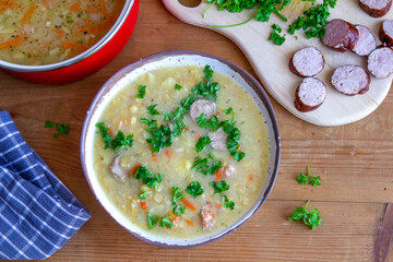 Pea soup with sausage - a traditional Polish dish