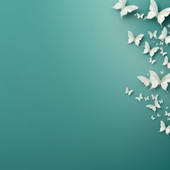 Teal plain background with minimalistic pastel butterfly pixel swirl border with copy space texture for display products blank copyspace for design text 