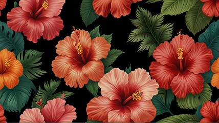 seamless tropical floral pattern of hibiscus on black background	