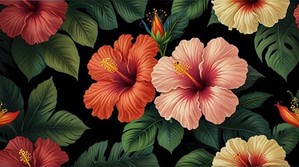 seamless tropical floral pattern of hibiscus on black background	