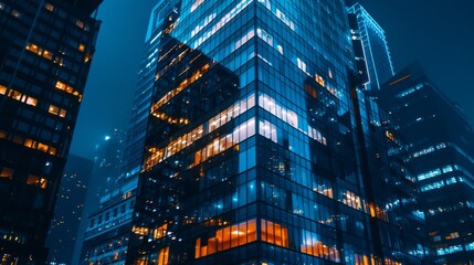 Close-up of a modern skyscraper illuminated against the night sky, symbolizing the city's vibrant nightlife and cosmopolitan allure.