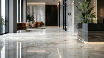 Close-up of a modern office lobby with sleek marble floors and contemporary furnishings, welcoming visitors to the bustling city center