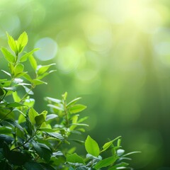 Lush green foliage with a dappled sunlight effect on a blurred green background, perfect for environmentally themed copy space