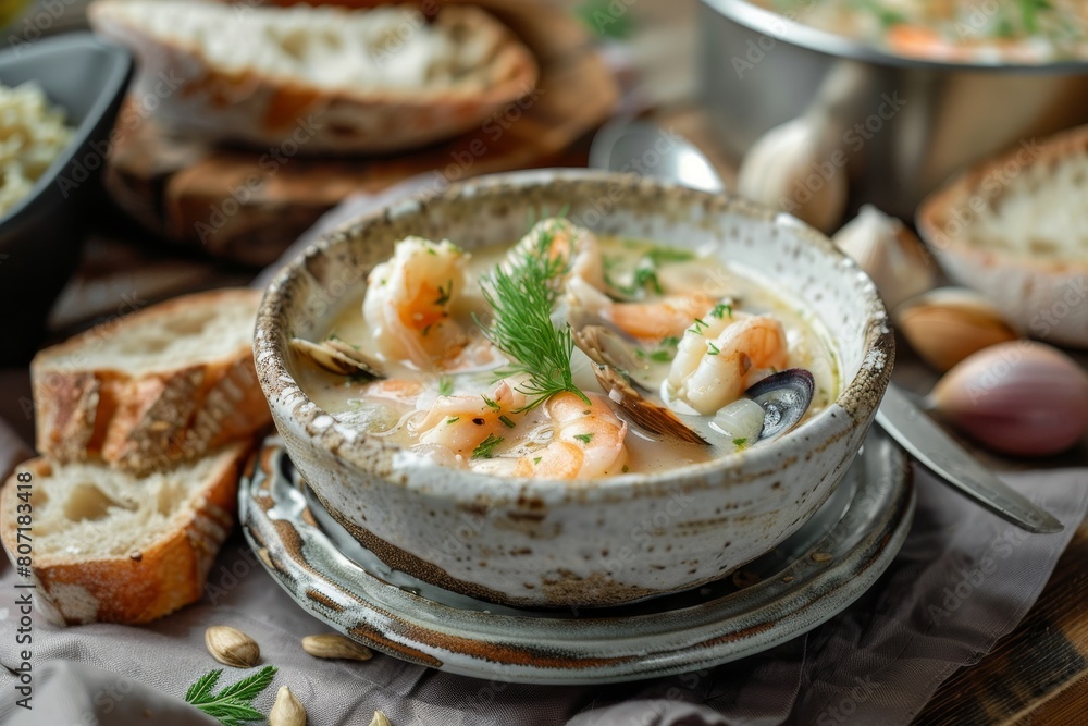 Wall mural traditional seafood chowder with soda bread slices - Wall murals