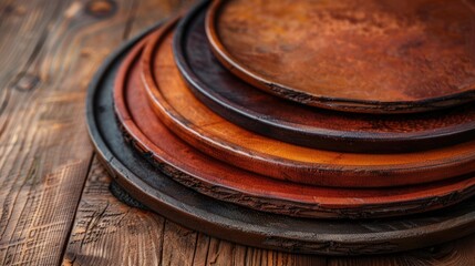 Obraz premium Assortment of various ceramic bowls on a rustic wooden background. Overhead product photography.