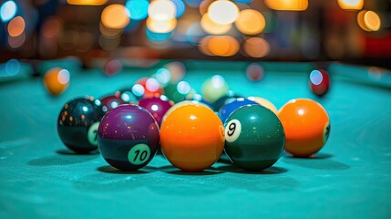the white ball in sharp focus on the green felt cloth, surrounded by maroon and green balls blurred in the background, evoking the intensity of the match.