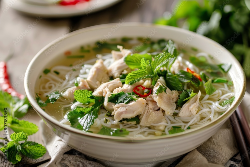 Poster Traditional Vietnamese Pho Ga soup with chicken rice noodles and fresh herbs in a bowl