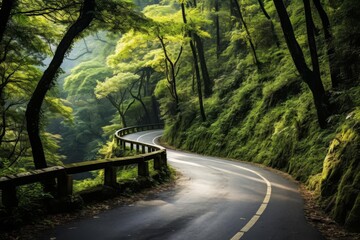 Obraz premium winding road through lush green forest, symbolizing sustainable paths