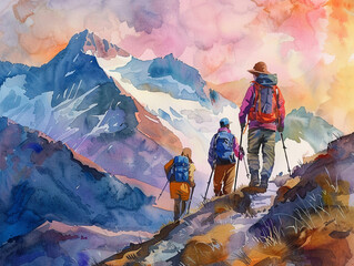 Adventure travel in the rugged Andes, hikers at sunrise on a high mountain pass, capturing the thrill and beauty of high-altitude trekkingwatercolor illustrations