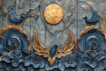 three panel wall art, golden ring with feathers and butterflies, blue gray color scheme, marble...