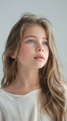 portrait of a beautiful young caucasian white American model teen girl looking forward. child ad with copy space, children, beauty, pretty