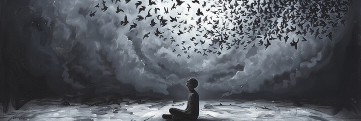 Monochrome solitary man meditating under stormy skies birds illustration