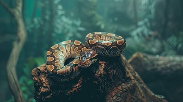 an Egyptian ball python as it gracefully coils on a rocky surface, its vibrant colors contrasting against the natural background, creating a striking wildlife portrait.