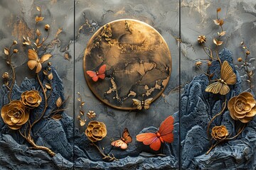 three panel wall art, golden ring with feathers and butterflies, blue gray color scheme, marble background