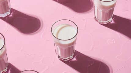 Glasses of milk casting shadows on a pink background. High-angle shot with copy space World Milk Day