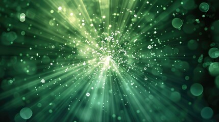 Green abstract light rays with particles on a dark background. Bright festive bokeh effect