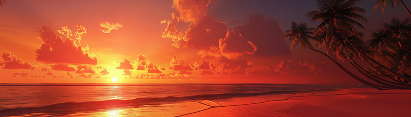 Tropical beach at sunset, palm trees silhouetted against a fiery sky, capturing the essence of a paradise getaway3D vector illustrations