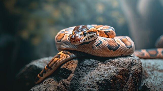 an Egyptian ball python as it gracefully coils on a rocky surface, its vibrant colors contrasting against the natural background, creating a striking wildlife portrait.