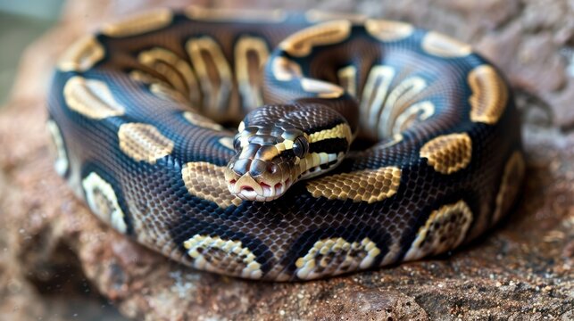 an Egyptian ball python as it gracefully coils on a rocky surface, its vibrant colors contrasting against the natural background, creating a striking wildlife portrait.