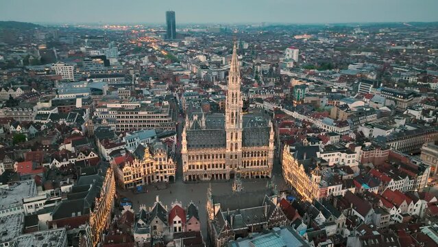 Aerial View of the Grand Place in Brussels, Europe. Famous landmark in Bruxelles.