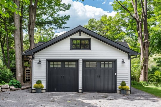Two car garage with white gable roof and black raised panel metal door