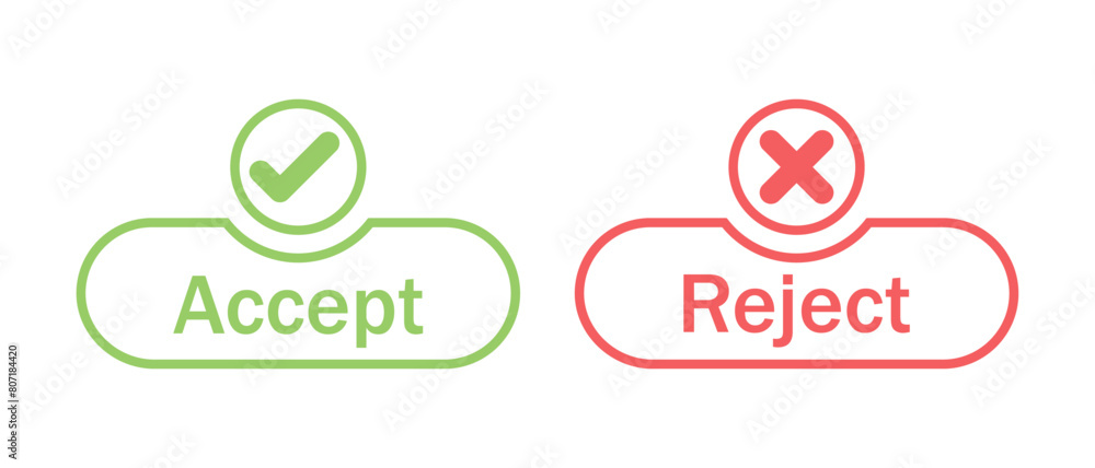 Aufkleber accept and reject button icon with tick and cross symbol in green and red color stroke style. right 