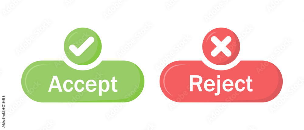 Aufkleber accept and reject button icon with tick and cross symbol in green and red color. right and wrong but