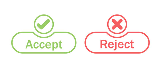 Accept and reject button icon with tick and cross symbol in green and red color stroke style. Right and wrong buttons symbols. Check box icon with right and wrong sign. Vector