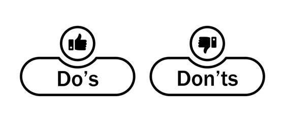 Do's and don'ts button icon with like and dislike symbol in black color stroke style. Do's and Don'ts buttons with thumbs up and thumbs down symbols. Check box icon with thumbs up and down sign. - obrazy, fototapety, plakaty