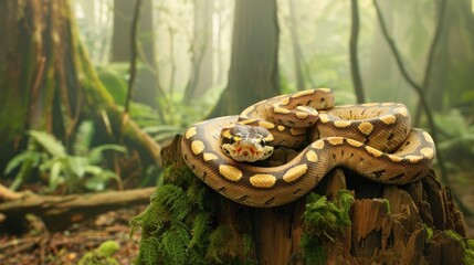 an Egyptian ball python as it gracefully coils on a rocky surface, its vibrant colors contrasting against the natural background, creating a striking wildlife portrait.