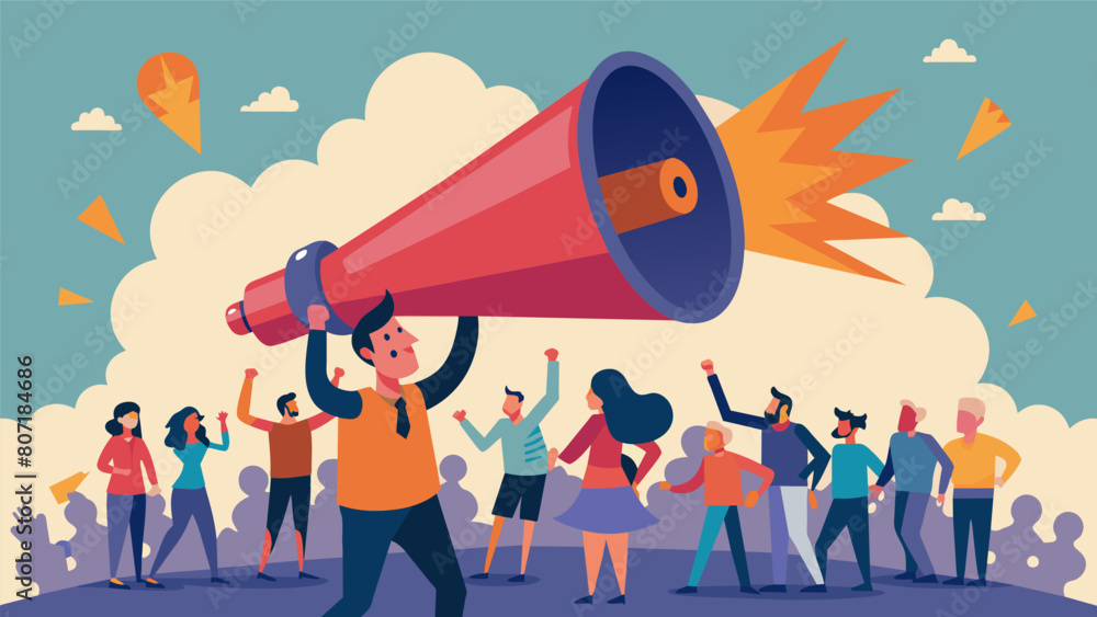 Poster a booming voice echoing alarmist statements through a colossal megaphone capturing the attention of 