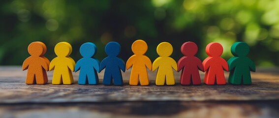 Paper figures representing the LGBT community stand aligned on a wooden surface, with a background intentionally blurred. The image conveys a sense of community and inclusivity, with room for addition