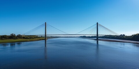 Obraz premium A serene river landscape with a sleek, modern cable-stayed bridge spanning across under a clear blue sky