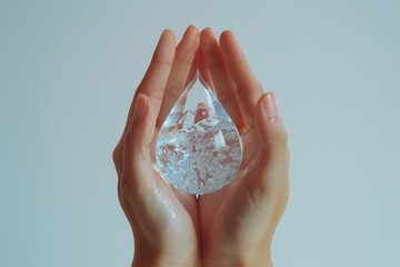Closeup of hands cupping a crystalclear water drop, against a pure white backdrop for minimalism and clarity, ideal for hydrationthemed campaigns
