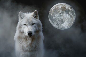 White wolf in the fog and moon on the background,  Portrait