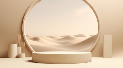 A large oval window with a desert landscape in the background
