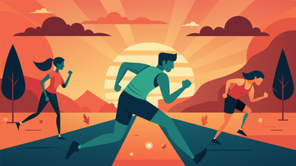 Fototapeta premium Against the backdrop of a breathtaking sunrise the runners determination is on full display as they push through the pain and fatigue focused on the. Vector illustration