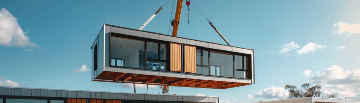 A new modular home is lifted into place by a crane