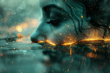 Close-up portrait of a beautiful girl in water with fire flames