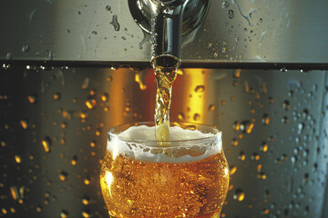 close up of pouring beer into a glass from a tap