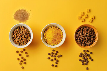 Three bowls of food on a yellow surface, showcasing natural shades of gold and yellow colors pet food 





