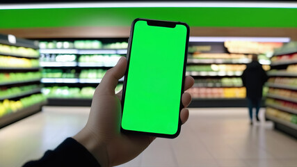 hand holds smartphone with a green screen chroma key blank in a supermarket aisle, providing prime example of how technology intersects with everyday shopping. Background filled with grocery items