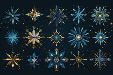 A collection of snowflakes in various shades of blue and gold.