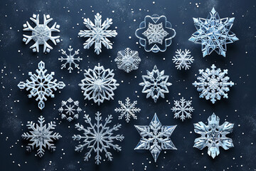 A collection of snowflakes on a blue background.